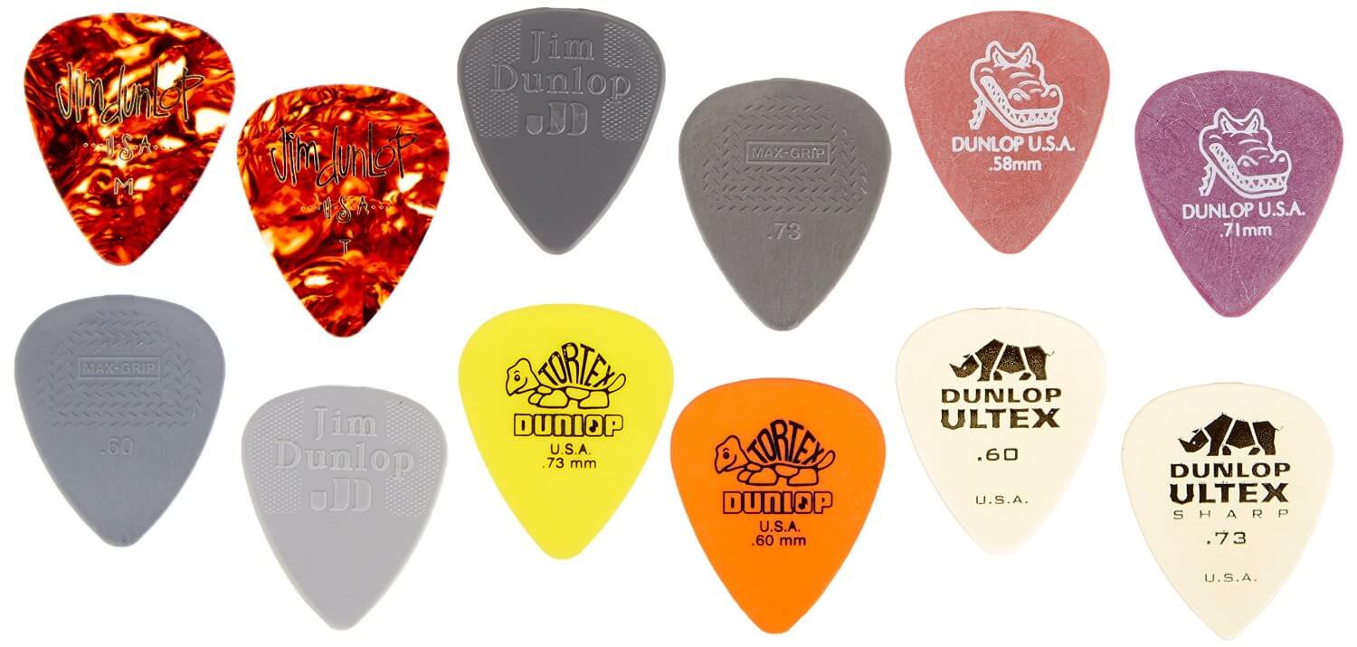 12 Jim Dunlop guitar plectrums of various thicknesses