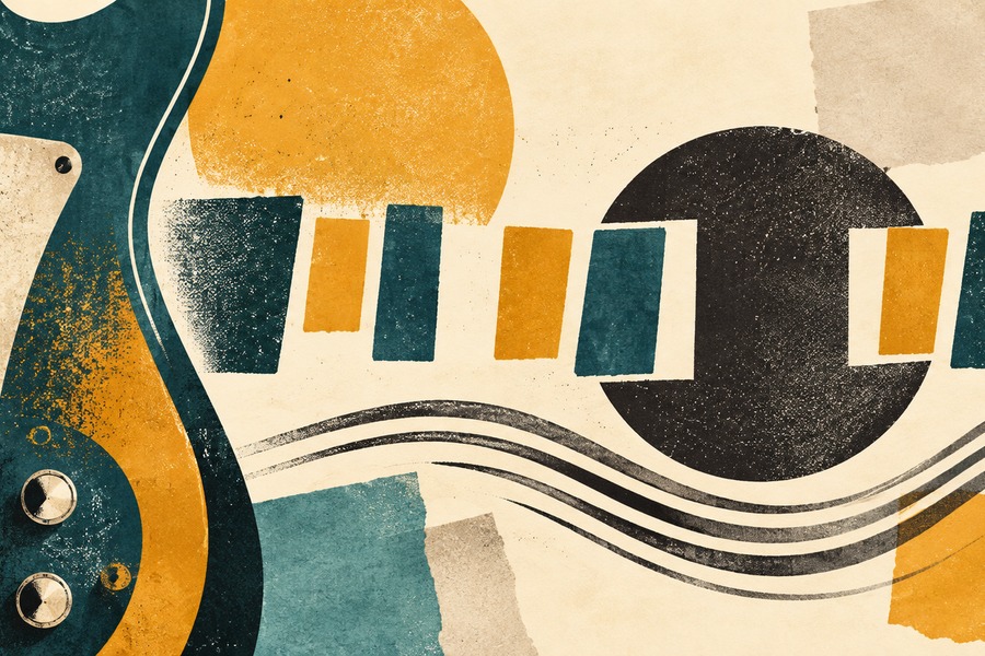 Abstract editorial illustration for 9th Chords on Guitar: Start with One Useful Funk and Blues Shape