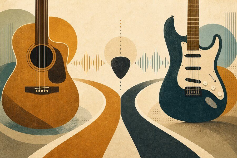 Abstract guitar lesson image for acoustic or electric guitar lessons: which is right for beginners?
