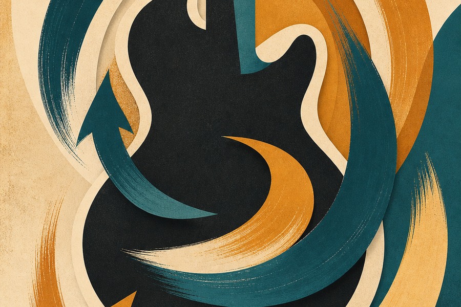 Abstract alternating brush strokes around a simplified guitar form
