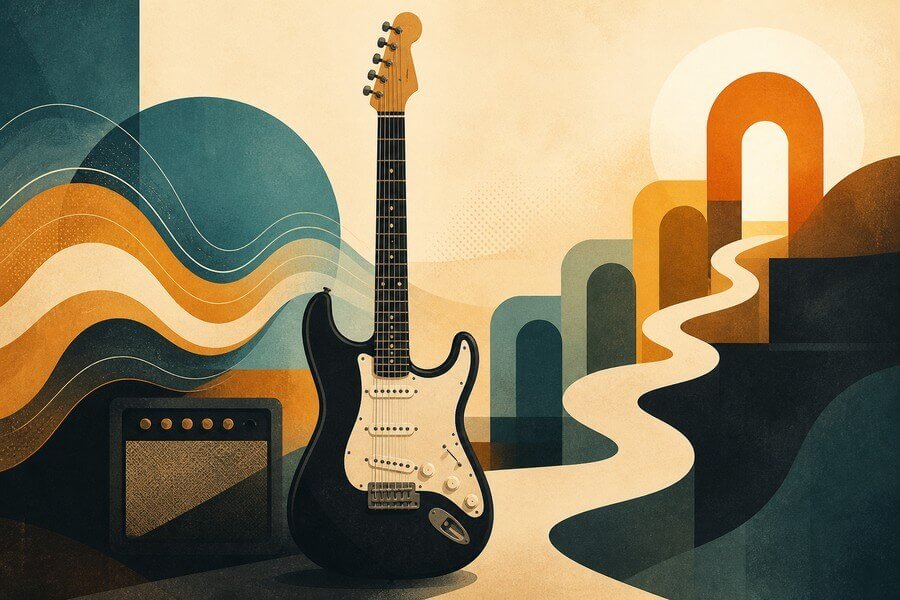 The Best Way to Learn Electric Guitar as an Adult Beginner Abstract guitar lesson image for the best way to learn electric guitar as an adult beginner