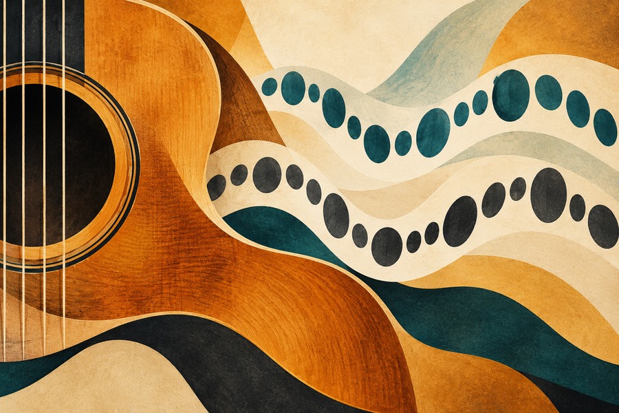 Flowing amber guitar curves with separate teal and charcoal rhythm pulses