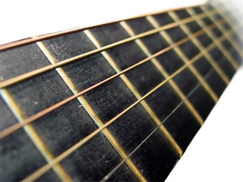 Close up of guitar fretboard