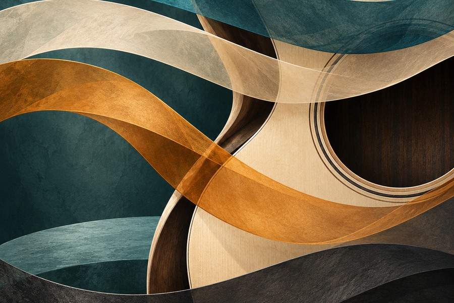 Layered harmony ribbons sweeping around abstract amber guitar curves