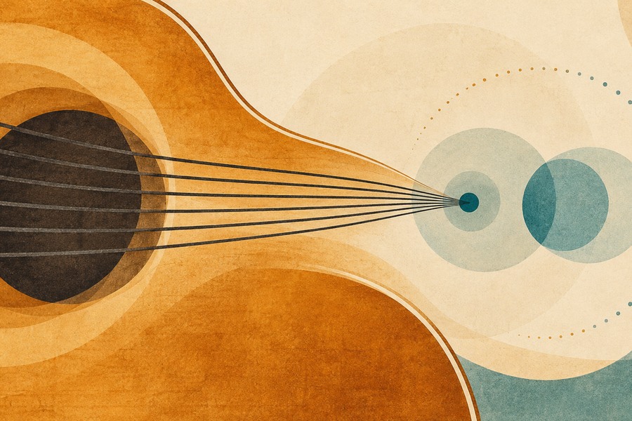 Abstract editorial illustration for Guitar Intonation Explained: Why Fretted Notes Sound Out of Tune