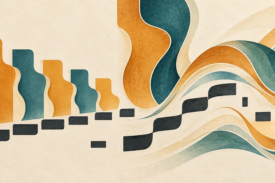 Guitar Scale Sequences: Practise Patterns Without Sounding Robotic Abstract editorial illustration for Guitar Scale Sequences: Practise Patterns Without Sounding Robotic
