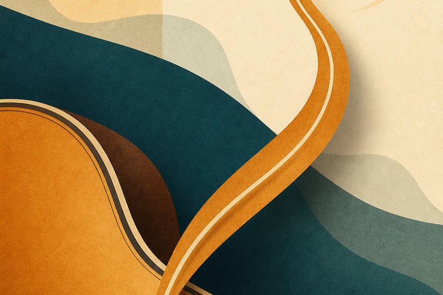 Abstract guitar string bending editorial image with a rising sound ribbon