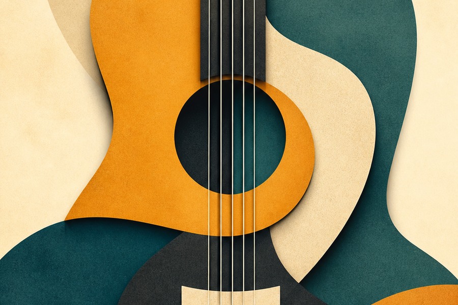 Guitar Triads for Beginners: Small Chords with a Clear Purpose Three abstract coloured shapes forming one balanced guitar-inspired image