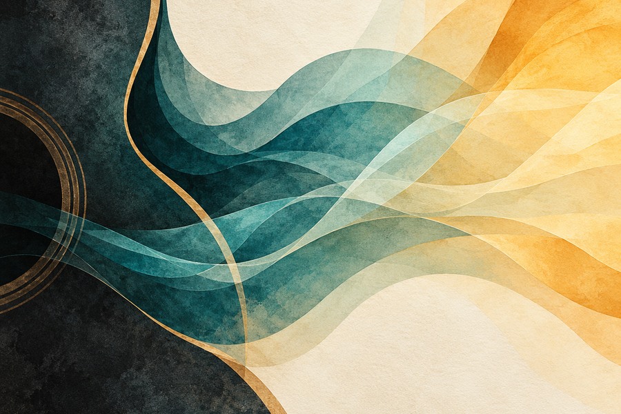 Translucent rising teal and amber ribbons suggesting a gradual volume swell