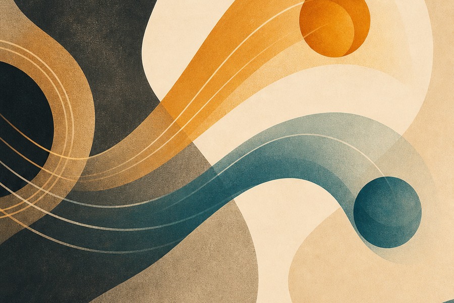 Abstract flowing shapes showing two connected guitar-note movements