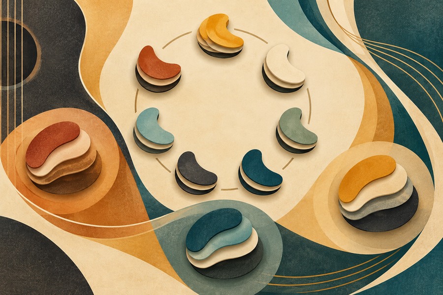 Abstract editorial illustration for How to Harmonise the Major Scale on Guitar: Build Chords That Belong Together