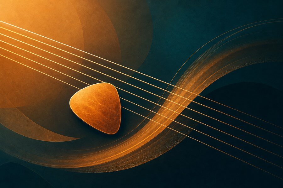 Holding a pick and strumming guitar
