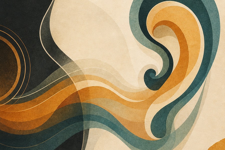 Abstract guitar curves sending coloured sound waves towards a flowing spiral