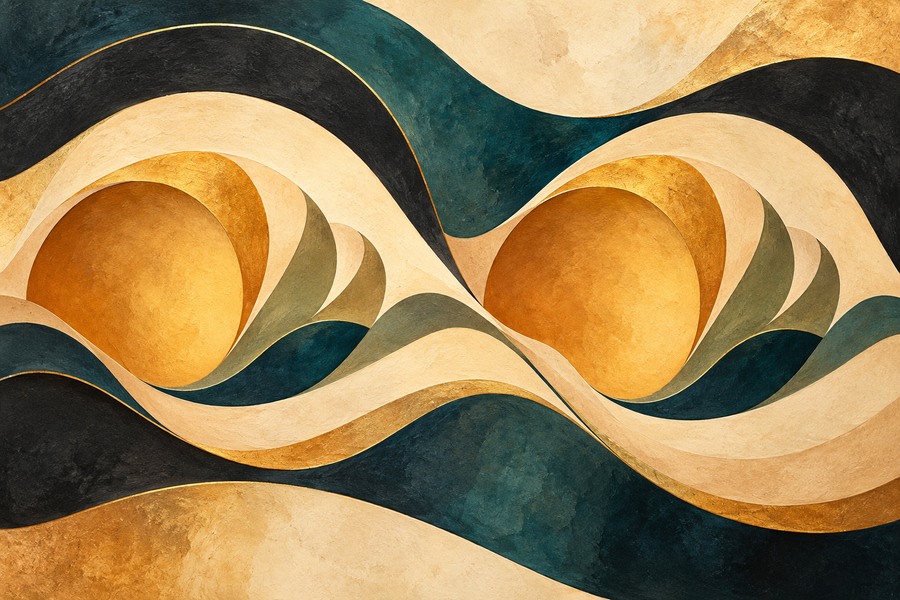 Abstract paired rolling guitar-body curves suggesting two compound beats