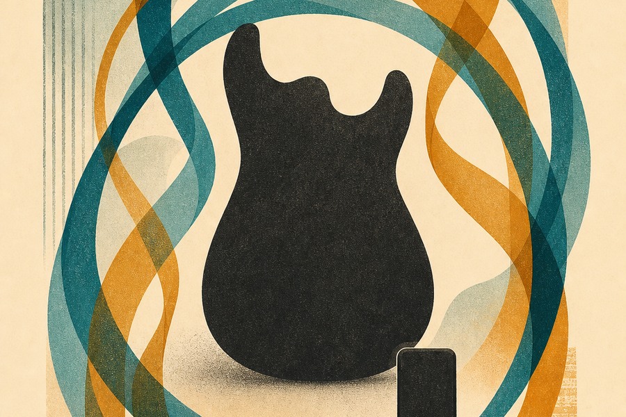 Abstract concentric loops orbiting a minimal charcoal guitar form