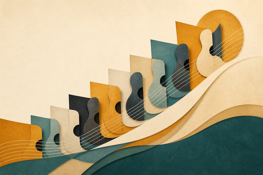 Abstract editorial illustration for How to Transpose Songs on Guitar Without Guessing the Chords