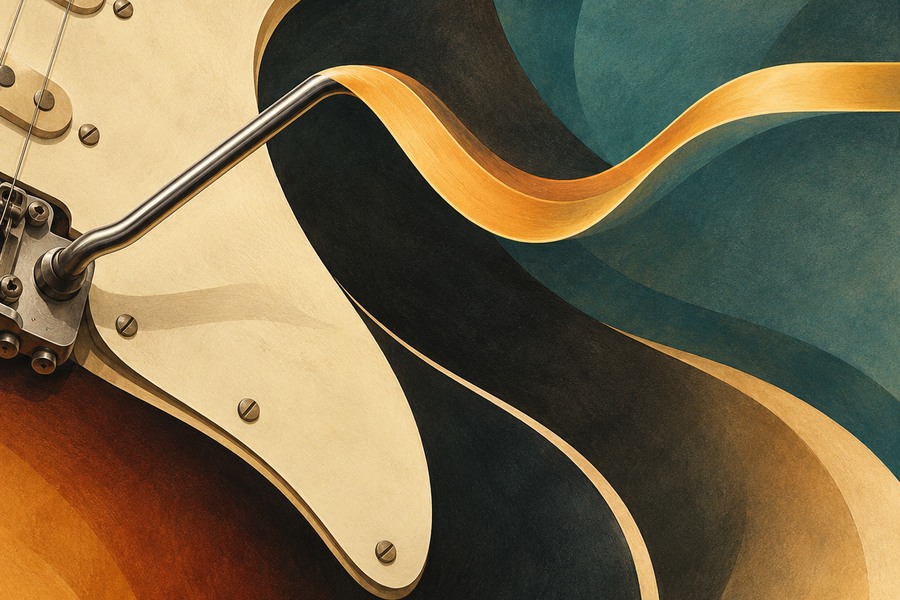 Stylised guitar vibrato arm with a shallow dipping amber ribbon