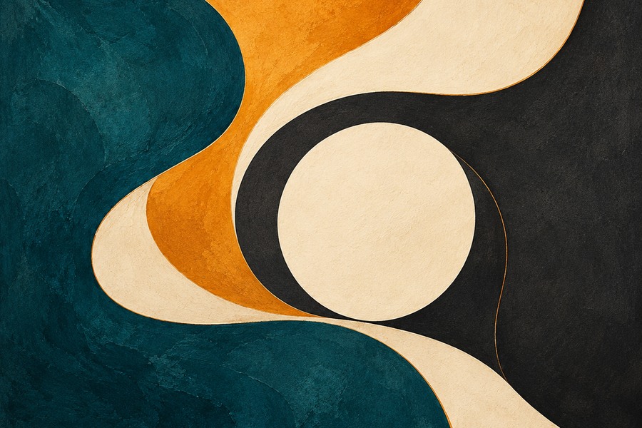 Interlocking amber teal and cream guitar curves suggesting harmonic resolution