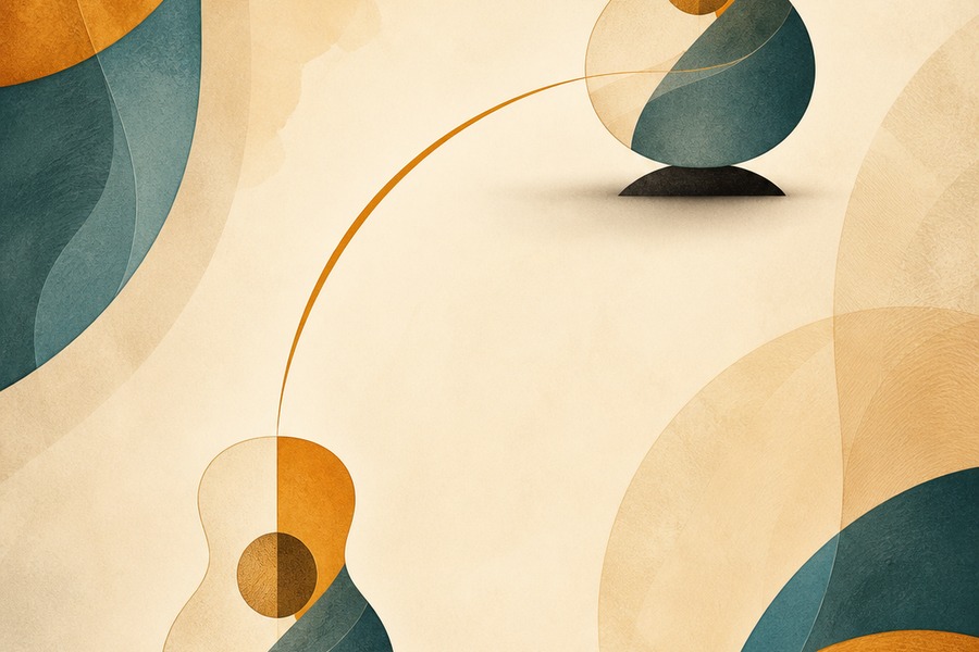 Abstract editorial illustration for Octave Shapes on Guitar for Beginners: Find the Same Note Twice