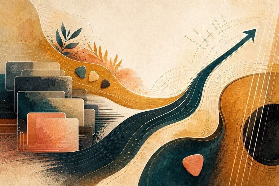 Abstract guitar lesson image showing guided learning and video practice
