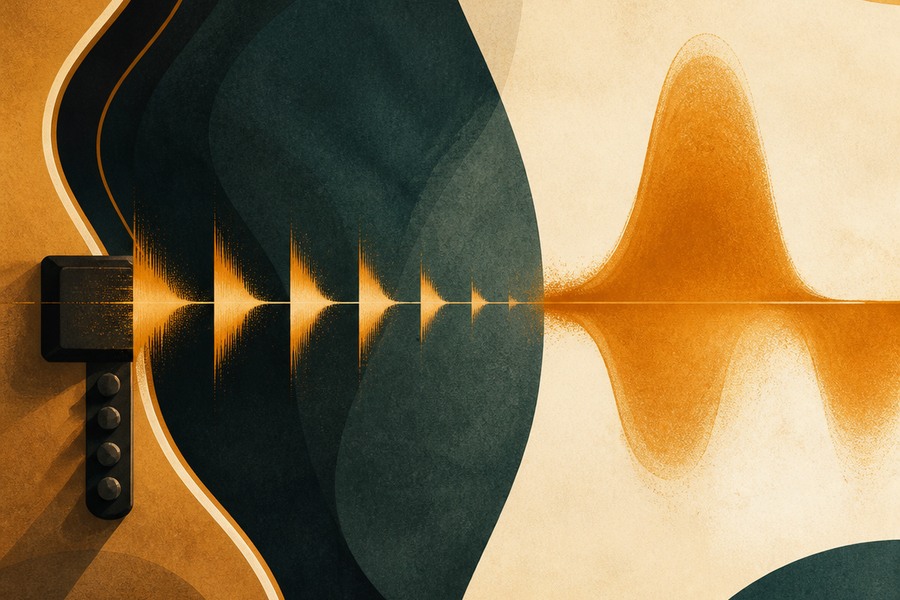 Abstract palm muting editorial image with short controlled sound pulses