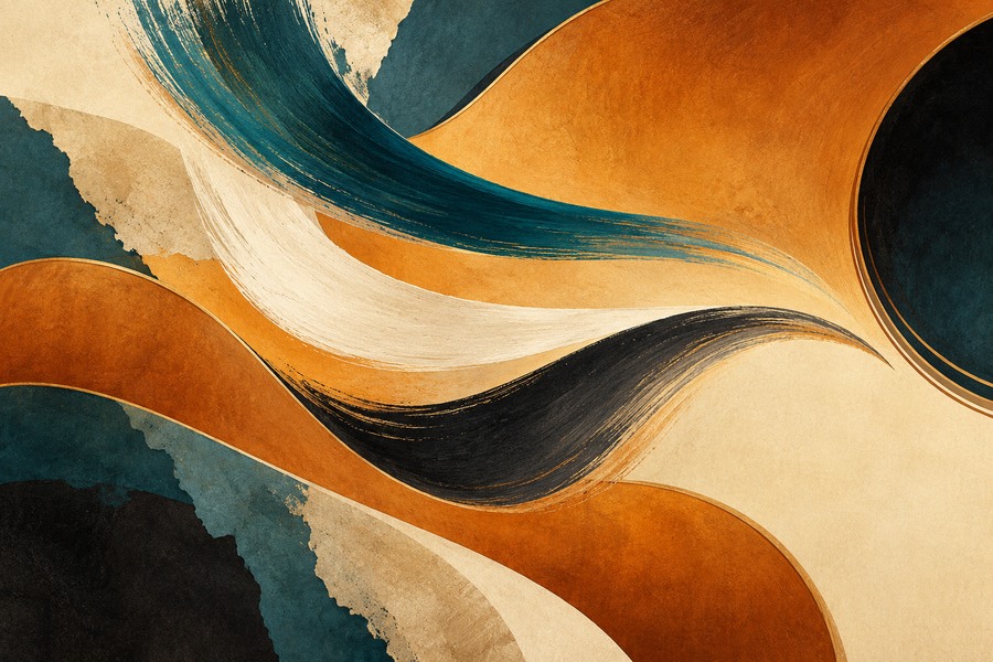 Abstract fanlike brush ribbons over warm guitar-body curves