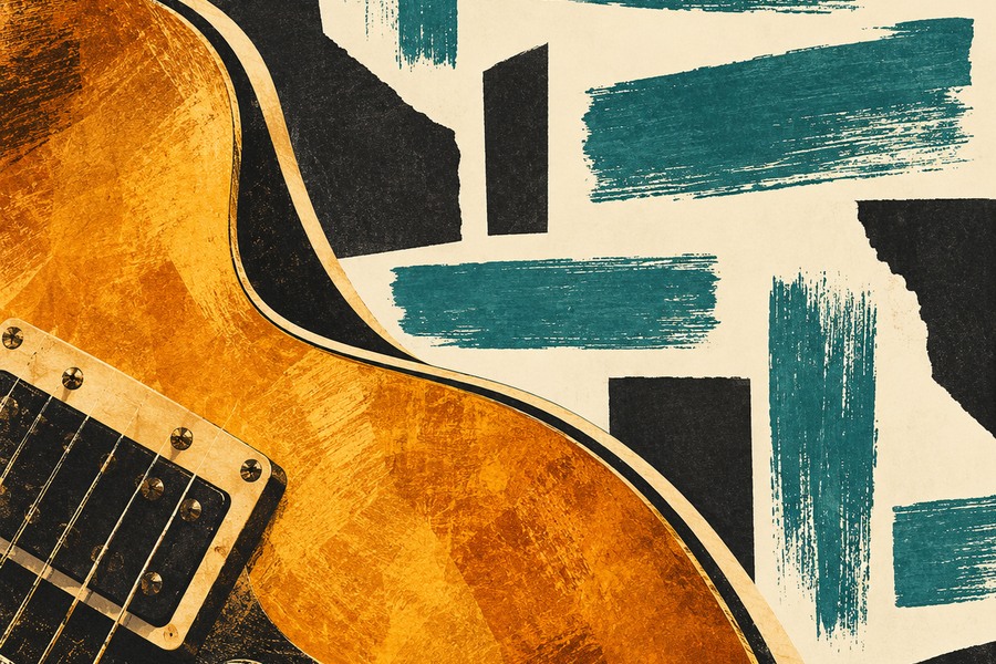 Amber electric guitar curves with short teal offbeat strokes and cream spaces