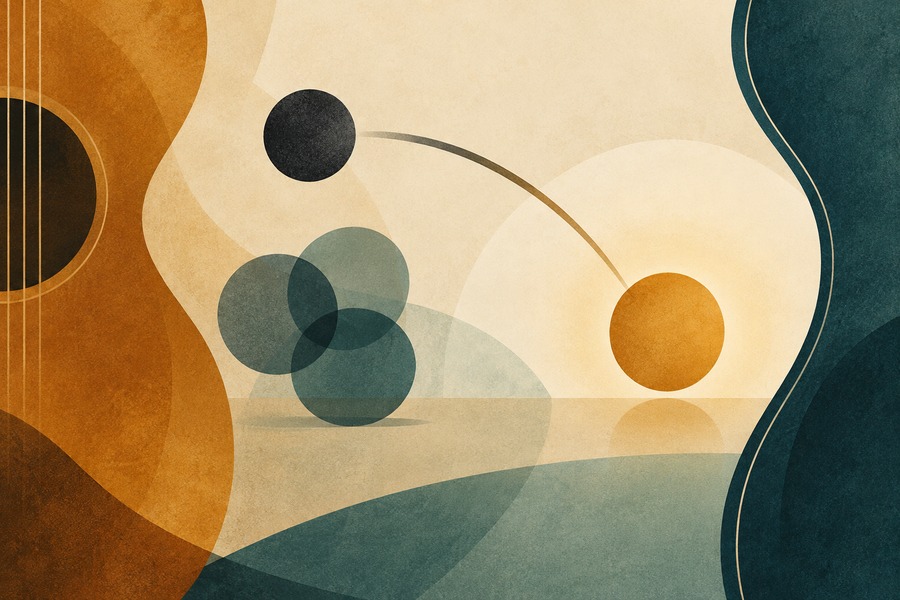 Abstract editorial illustration for Secondary Dominant Chords on Guitar: Hear Where They Want to Go