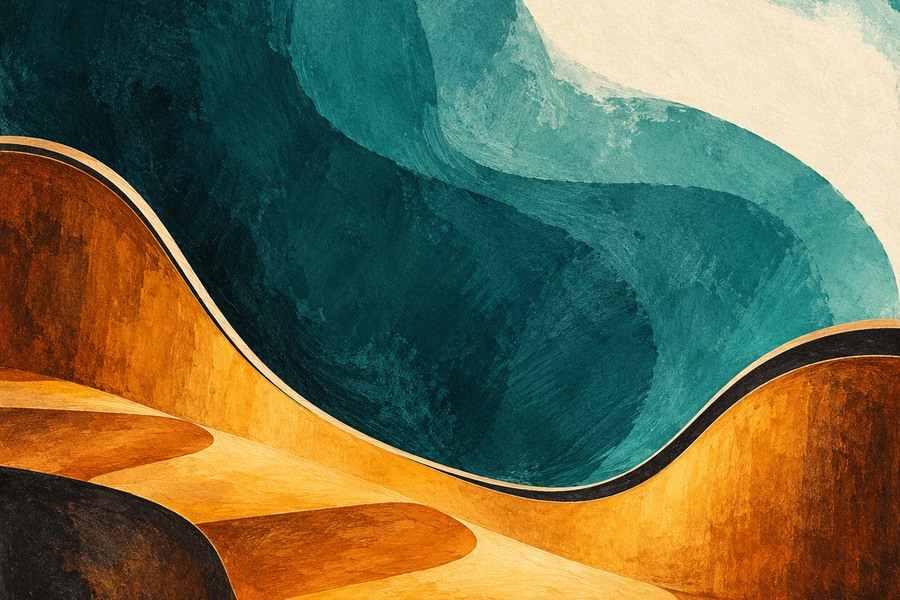 Abstract amber stepping ribbons beneath flowing teal guitar-body curves