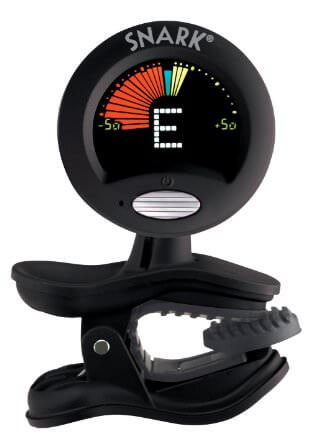 A clip-on guitar tuner with an 'E' note in the display
